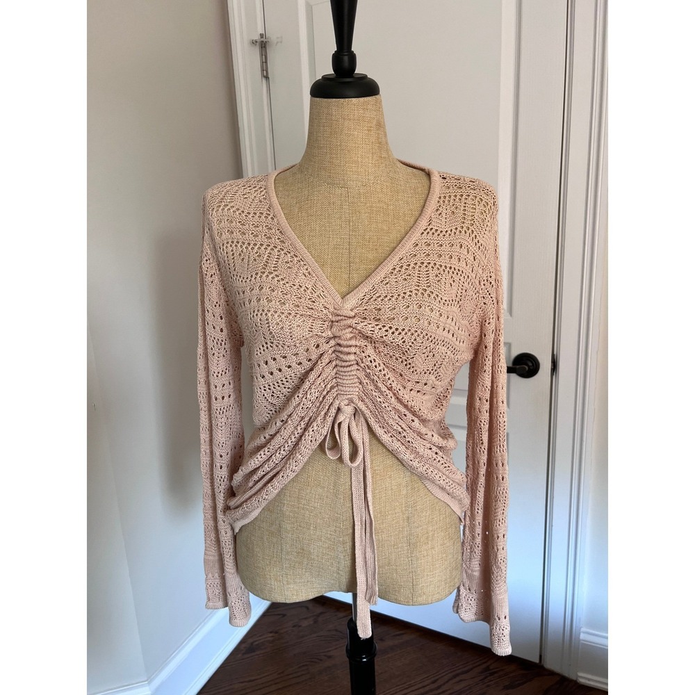 Peach Pointelle Knit Ruched Front Drawstring Long Sleeve Top Bell Sleeve Crochet
